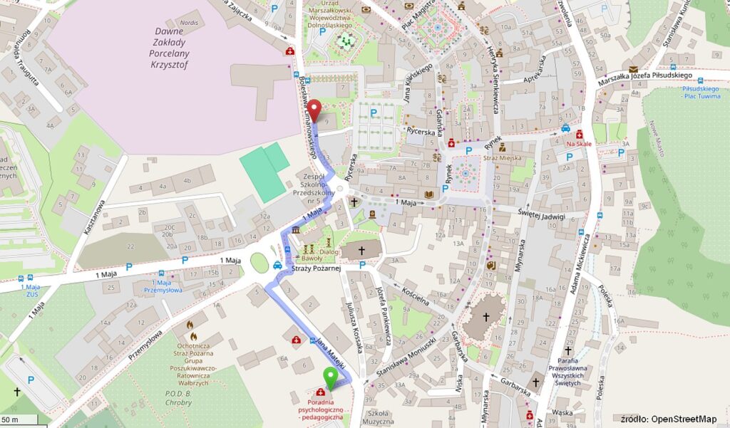 Mapka przedstawiająca trasę z ul. Matejki 7 na Limanowskiego 9, Wałbrzych (CC) OpenStreetMaps